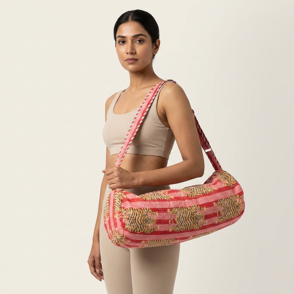 Tiger Print Quilted Yoga Bag showing the traditional hand block print artisan design with the spacious cylinder opening and reinforced double shoulder handles.