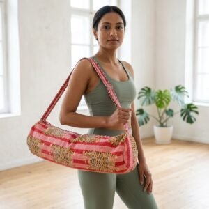 Tiger Print Quilted Yoga Bag showing the traditional hand block print artisan design with the spacious cylinder opening and reinforced double shoulder handles.
