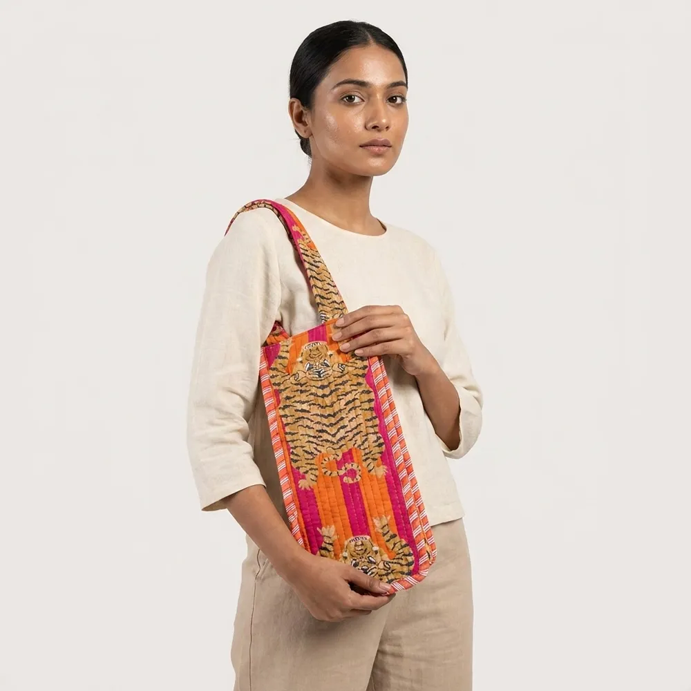 Tiger Print Quilted Water Bottle Bag showing the thick hand-quilted cotton textile structure and comfortable top carry handle with a travel flask inside.