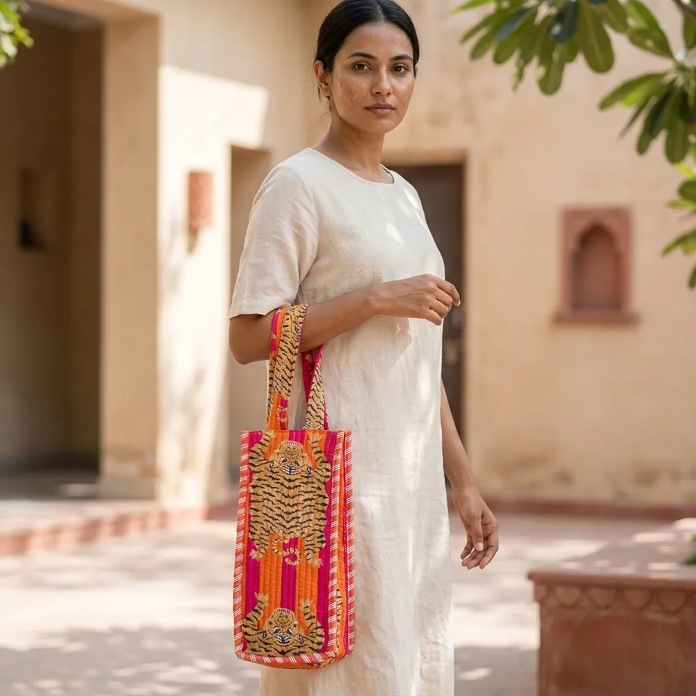 Tiger Print Quilted Water Bottle Bag showing the thick hand-quilted cotton textile structure and comfortable top carry handle with a travel flask inside.