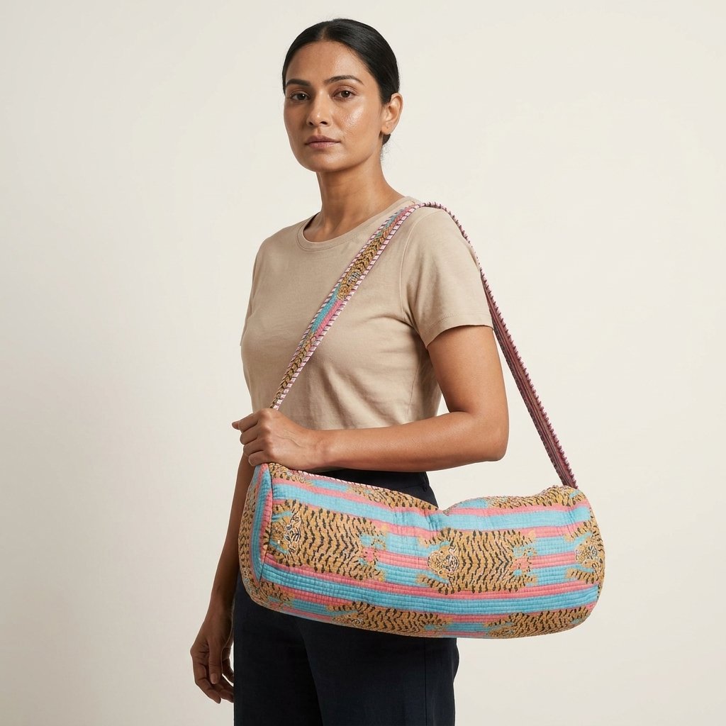 A fitness enthusiast carrying the Tiger Quilted Yoga Mat Bag over their shoulder, displaying its comfortable sling fit and sleek patterned fitness purse style outside a local wellness center.