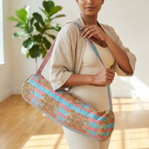 Tiger Quilted Yoga Mat Bag displaying the traditional wild cat hand block print artisan design with the spacious 27x6 main barrel zipper track open and reinforced wide shoulder sling handle.
