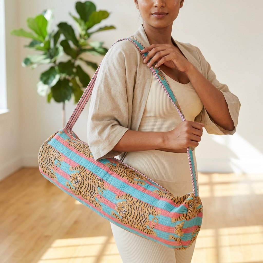 Tiger Quilted Yoga Mat Bag displaying the traditional wild cat hand block print artisan design with the spacious 27x6 main barrel zipper track open and reinforced wide shoulder sling handle.