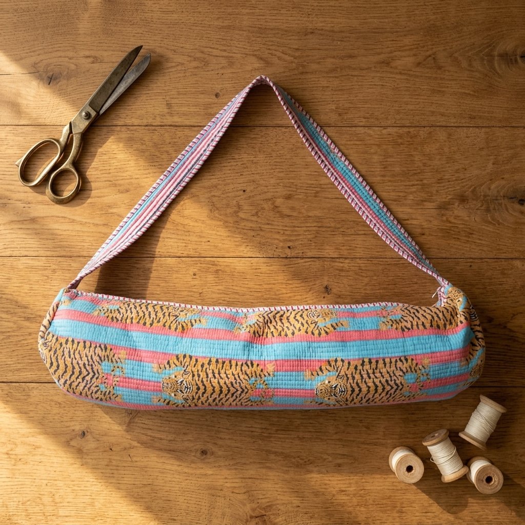 Close-up of the handcrafted exotic cat print detail, dense quilted stitching texture lines, heavy-duty border trim, and clean inner layout on an Indian cotton Pilates carrier bag.