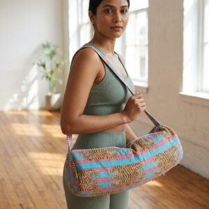 Tiger Quilted Yoga Mat Bag displaying the traditional wild cat hand block print artisan design with the spacious 27x6 main barrel zipper track open and reinforced wide shoulder sling handle.