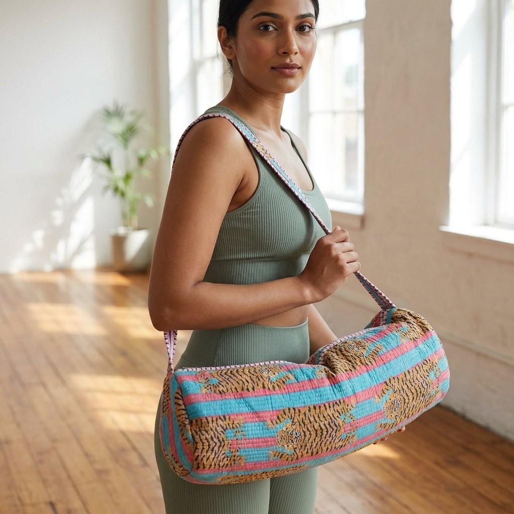Tiger Quilted Yoga Mat Bag displaying the traditional wild cat hand block print artisan design with the spacious 27x6 main barrel zipper track open and reinforced wide shoulder sling handle.