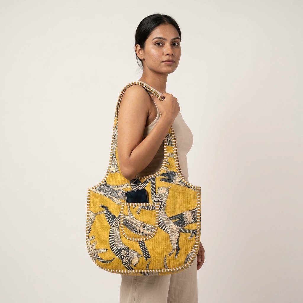 A shopper carrying the Yellow Cat Quilted Shoulder Tote Bag by the wide straps, showcasing its generous packing capacity and elegant scoop handbag style at an outdoor farmers market.