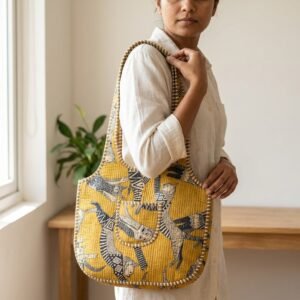 Yellow Cat Quilted Shoulder Tote Bag showing the traditional hand block print artisan design with the spacious scoop main compartment opening and reinforced double padded shoulder handles.