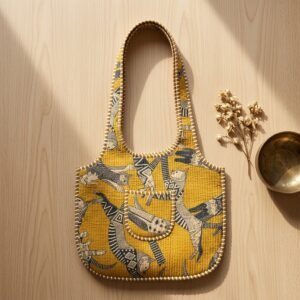 Close-up of the handcrafted yellow cat print detailing, dense quilted stitching texture lines, robust handle strap attachments, and clean inner layout on an Indian cotton market purse.