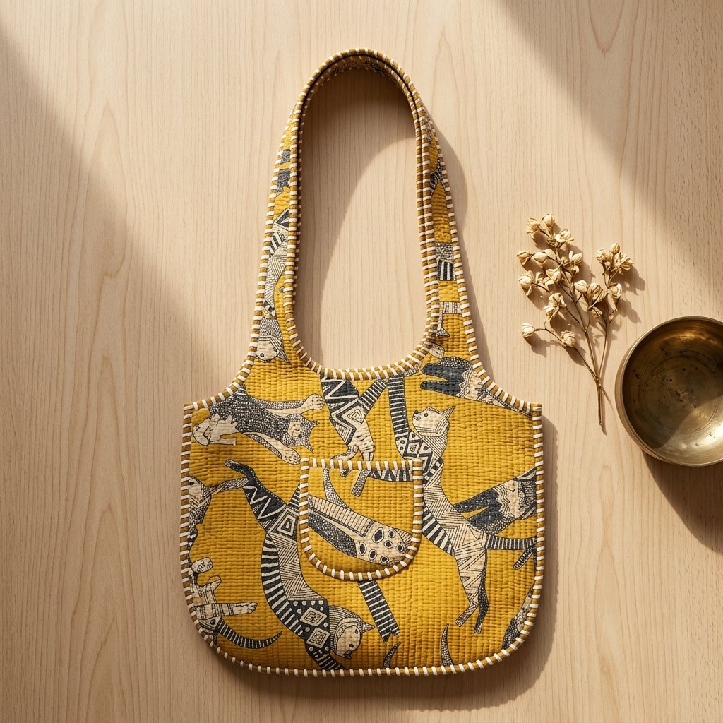 Close-up of the handcrafted yellow cat print detailing, dense quilted stitching texture lines, robust handle strap attachments, and clean inner layout on an Indian cotton market purse.
