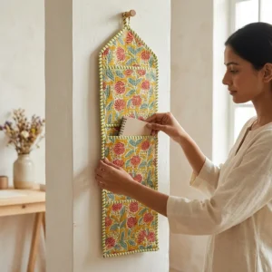 Yellow Floral Fabric Wall Hanging Organizer displaying the multi-pocket vertical sorting slots with the traditional mustard floral print artisan design hung securely on an entryway wall.