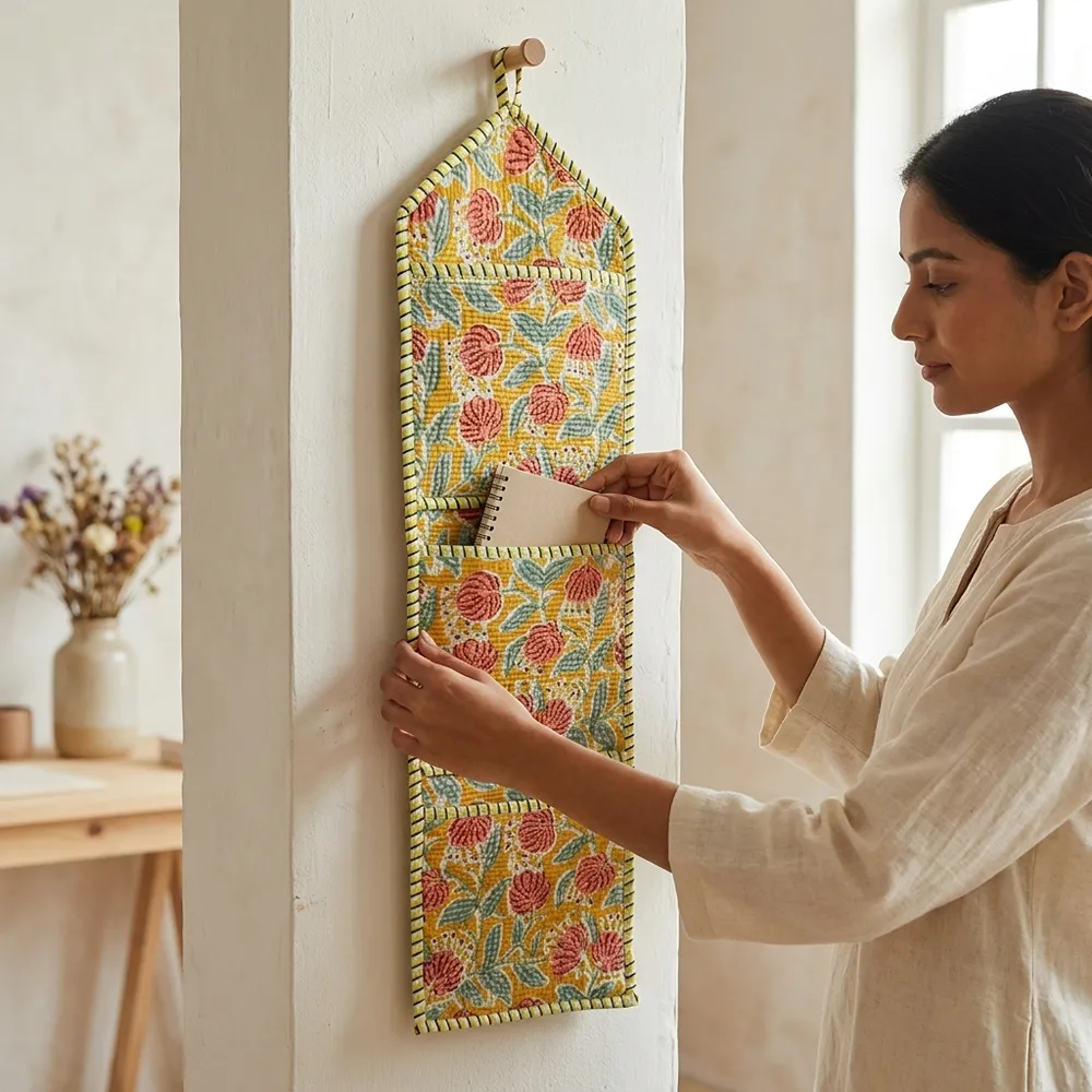Yellow Floral Fabric Wall Hanging Organizer displaying the multi-pocket vertical sorting slots with the traditional mustard floral print artisan design hung securely on an entryway wall.