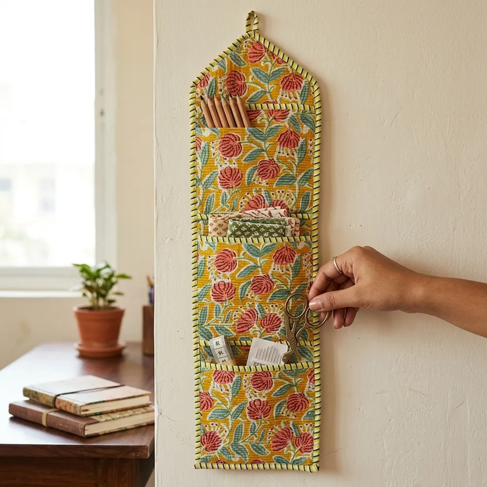An interior room setup showing the Yellow Floral Fabric Wall Hanging Organizer near a wooden desk, showcasing its space-saving capacity and elegant mustard decor holder style.