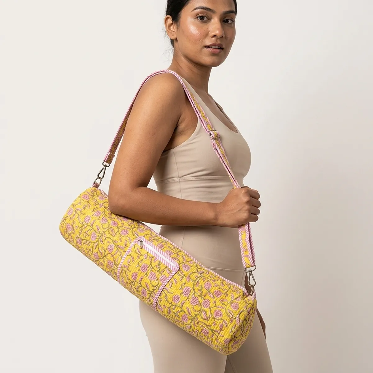 Yellow Floral Quilted Cotton Yoga Mat Bag Crossbody Carrier - Image 2