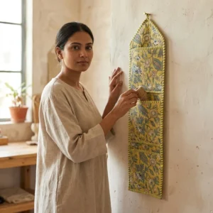 Yellow Floral Quilted Wall Hanging Organizer displaying the multi-pocket vertical sorting slots with the traditional mustard floral print artisan design hung securely on an entryway wall.
