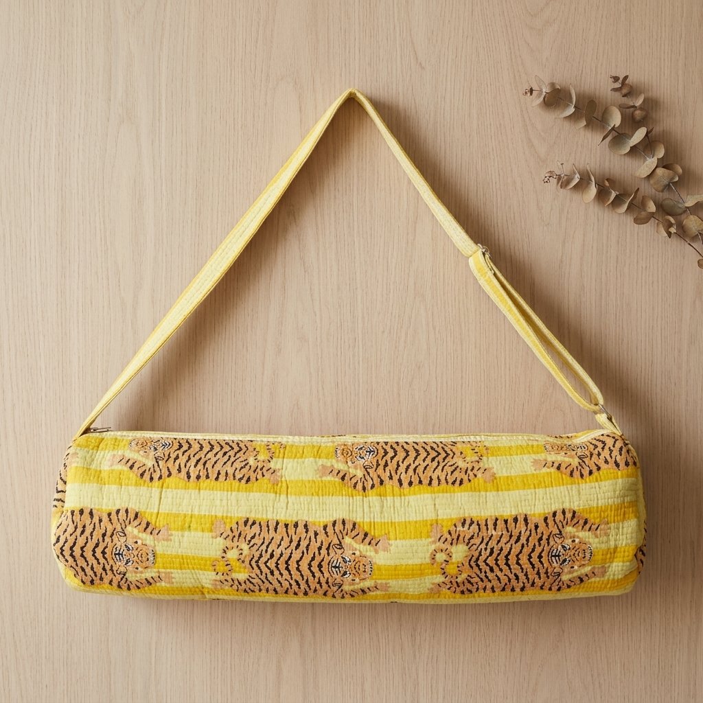 Close-up of the handcrafted yellow wild cat stripe print detailing, dense quilted stitching texture lines, robust handle strap attachments, and secure opening layout on an Indian cotton Pilates carrier bag.