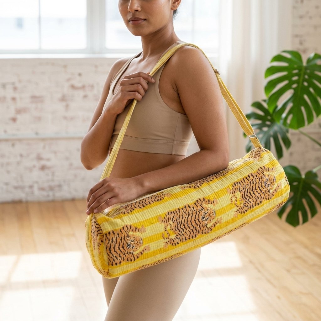 Yellow Tiger Print Yoga Mat Bag showing the traditional hand block print artisan design with the spacious cylinder opening and reinforced double shoulder handles.