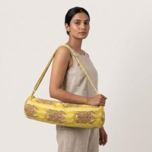 Yellow Tiger Print Yoga Mat Bag showing the traditional hand block print artisan design with the spacious cylinder opening and reinforced double shoulder handles.