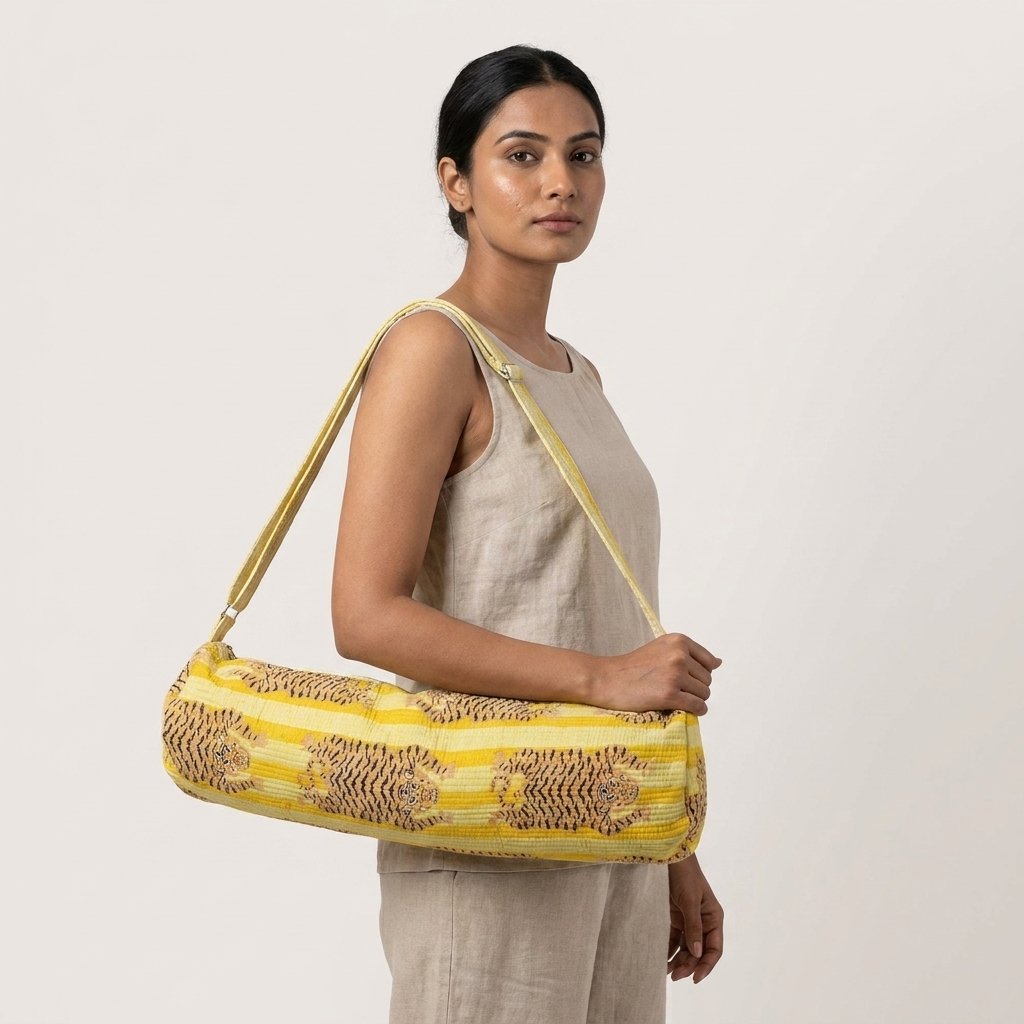 Yellow Tiger Print Yoga Mat Bag showing the traditional hand block print artisan design with the spacious cylinder opening and reinforced double shoulder handles.
