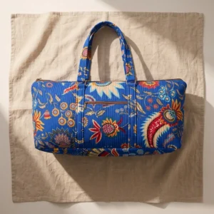 Blue Floral Quilted Cotton Duffle Bag handmade travel tote with spacious 30 inch design and shoulder handles