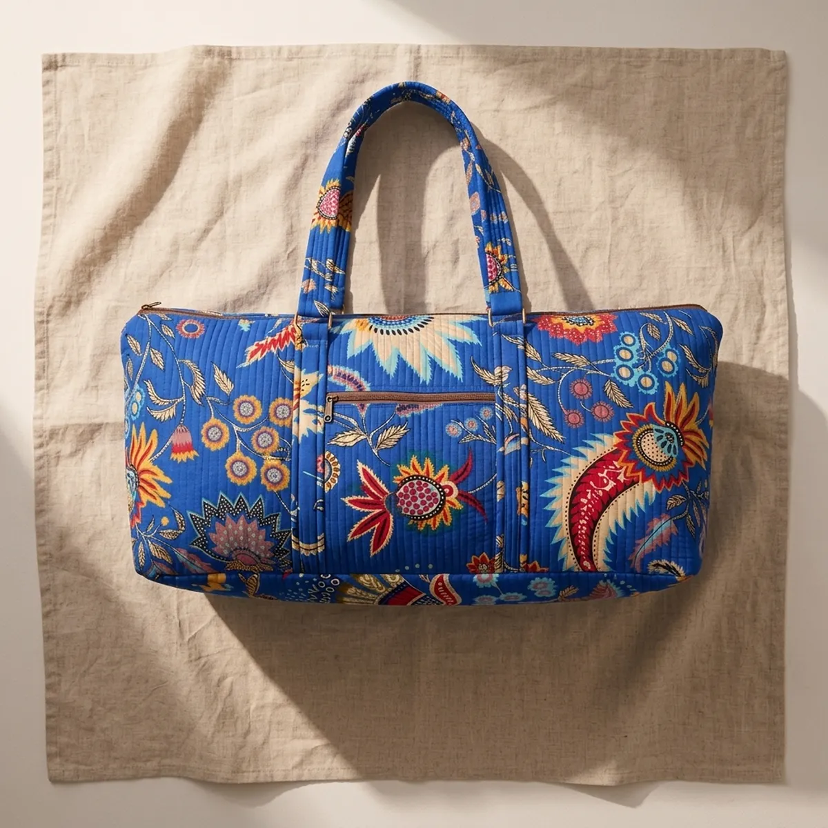 Blue Floral Quilted Cotton Duffle Bag handmade travel tote with spacious 30 inch design and shoulder handles