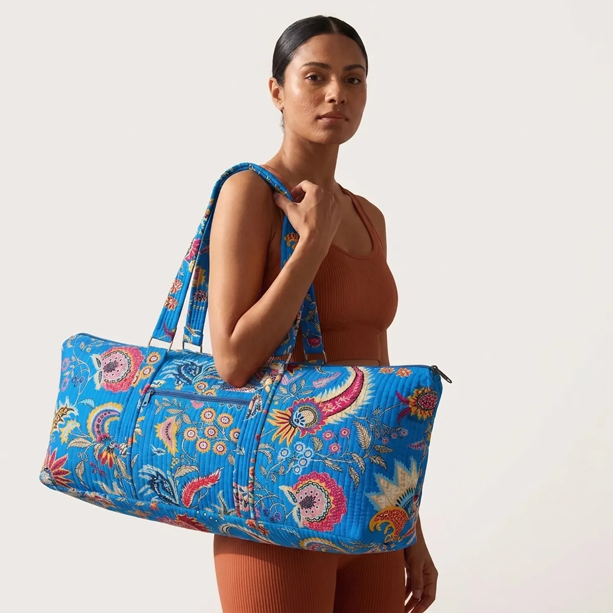 Blue Floral Quilted Cotton Duffle Bag handmade travel tote with spacious 30 inch design and shoulder handles