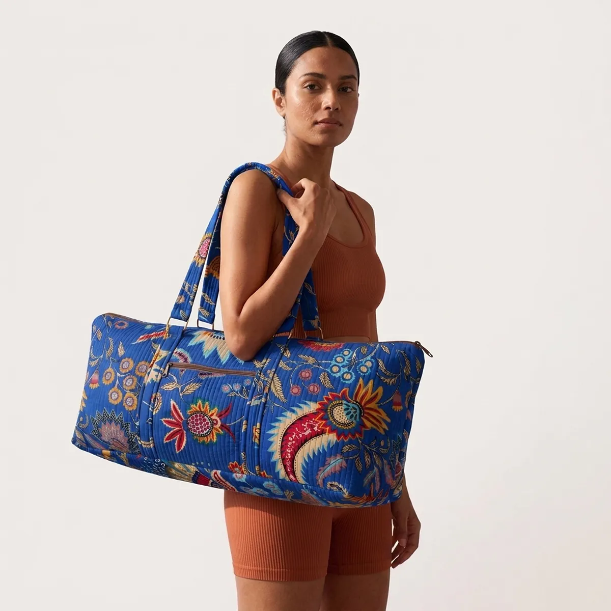 Blue Floral Quilted Cotton Duffle Bag handmade travel tote with spacious 30 inch design and shoulder handles