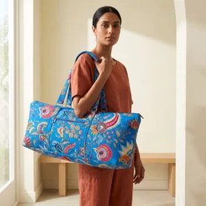 Blue Floral Quilted Cotton Duffle Bag handmade travel tote with spacious 30 inch design and shoulder handles