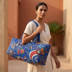 Blue Floral Quilted Cotton Duffle Bag handmade travel tote with spacious 30 inch design and shoulder handles