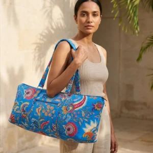 Blue Floral Quilted Cotton Duffle Bag handmade travel tote with spacious 30 inch design and shoulder handles