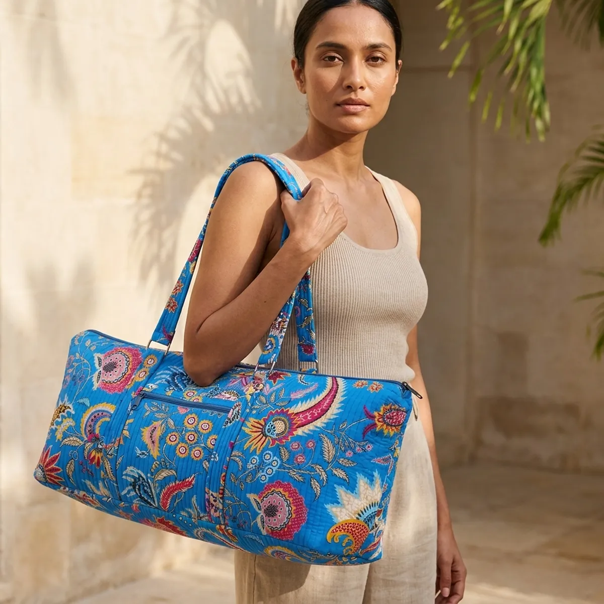 Blue Floral Quilted Cotton Duffle Bag handmade travel tote with spacious 30 inch design and shoulder handles