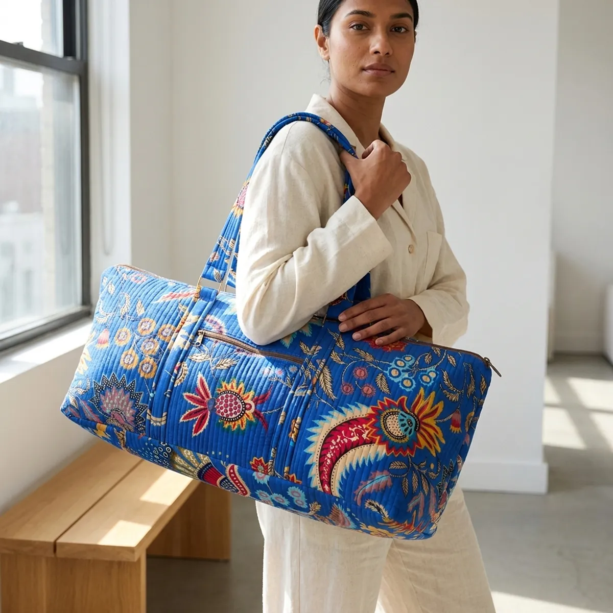 Blue Floral Quilted Cotton Duffle Bag handmade travel tote with spacious 30 inch design and shoulder handles