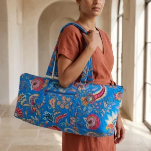 Blue Floral Quilted Cotton Duffle Bag handmade travel tote with spacious 30 inch design and shoulder handles