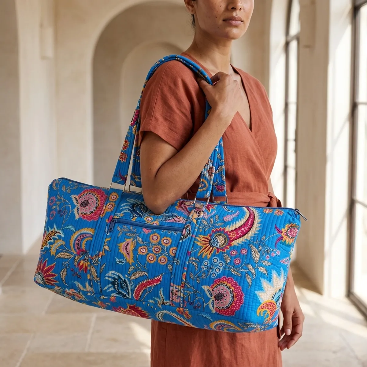 Blue Floral Quilted Cotton Duffle Bag handmade travel tote with spacious 30 inch design and shoulder handles