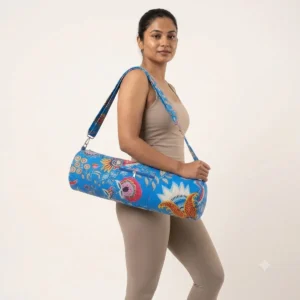 Blue Floral Quilted Cotton Yoga Mat Bag Handmade Jaipur Cotton Shoulder Sling Carrier for Standard Yoga Mats
