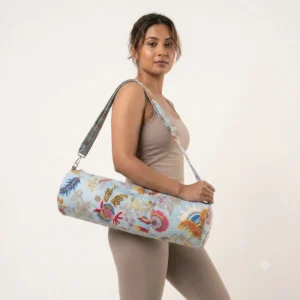 Blue Floral Quilted Cotton Yoga Mat Bag Handmade in Jaipur with Adjustable Shoulder Strap