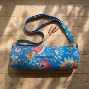 Blue Floral Quilted Cotton Yoga Mat Bag Handmade Jaipur Cotton Shoulder Sling Carrier for Standard Yoga Mats