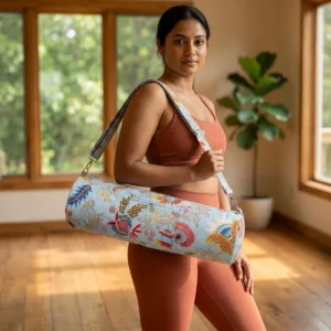 Blue Floral Quilted Cotton Yoga Mat Bag Handmade in Jaipur with Adjustable Shoulder Strap