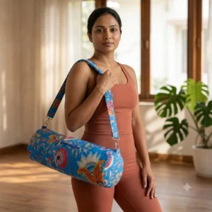 Blue Floral Quilted Cotton Yoga Mat Bag Handmade Jaipur Cotton Shoulder Sling Carrier for Standard Yoga Mats