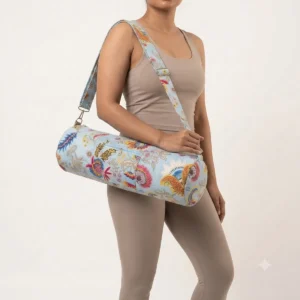 Blue Floral Quilted Cotton Yoga Mat Bag Handmade in Jaipur with Adjustable Shoulder Strap