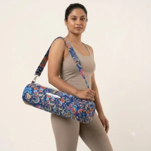 Blue Floral Quilted Cotton Yoga Mat Bag Handmade Shoulder Sling Carrier for Standard Yoga Mats