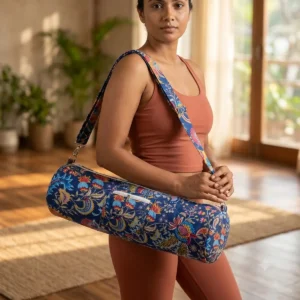 Blue Floral Quilted Cotton Yoga Mat Bag Handmade Shoulder Sling Carrier for Standard Yoga Mats