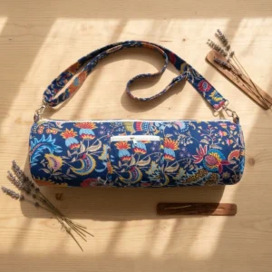 Blue Floral Quilted Cotton Yoga Mat Bag Handmade Shoulder Sling Carrier for Standard Yoga Mats