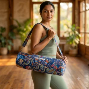 Blue Floral Quilted Cotton Yoga Mat Bag Handmade Shoulder Sling Carrier for Standard Yoga Mats