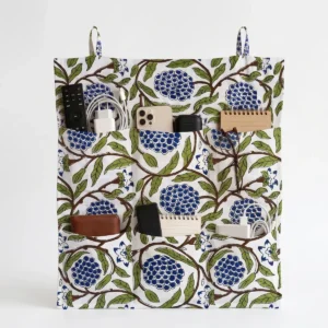 White Blue Cotton Wall Hanging Organizer with 6 quilted floral storage pockets handcrafted in Jaipur India