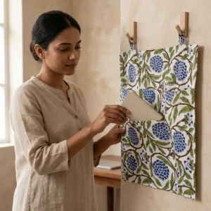 White Blue Cotton Wall Hanging Organizer with 6 quilted floral storage pockets handcrafted in Jaipur India