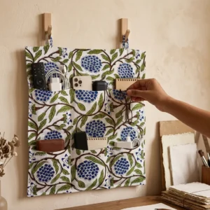 White Blue Cotton Wall Hanging Organizer with 6 quilted floral storage pockets handcrafted in Jaipur India