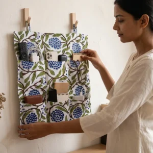 White Blue Cotton Wall Hanging Organizer with 6 quilted floral storage pockets handcrafted in Jaipur India