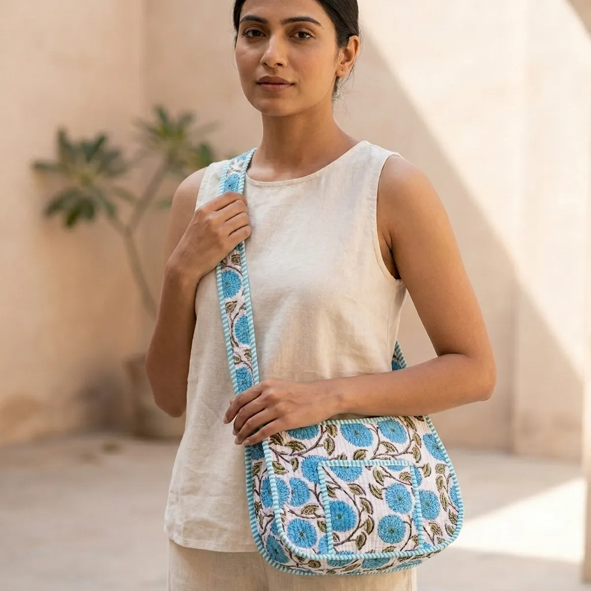A brunch date setting featuring a person wearing the quilted cotton shoulder bag, highlighting its lightweight everyday carrying convenience and bohemian style.