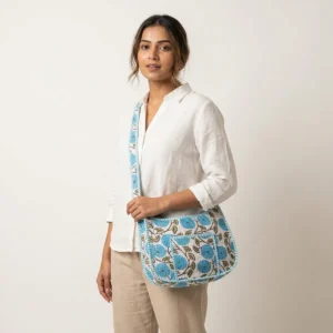 Green Vine Quilted Cotton Yoga Mat Bag showing the cylindrical shoulder carrier design with the handcrafted botanical vine block print pattern and spacious zip opening.